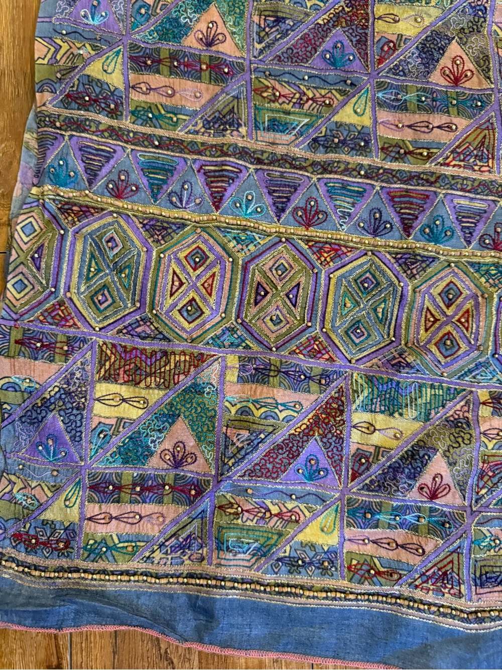 African Wrapper Dress Blue Purple Green Floral & Geometric Print Beaded Fabric - Picture 2 of 7